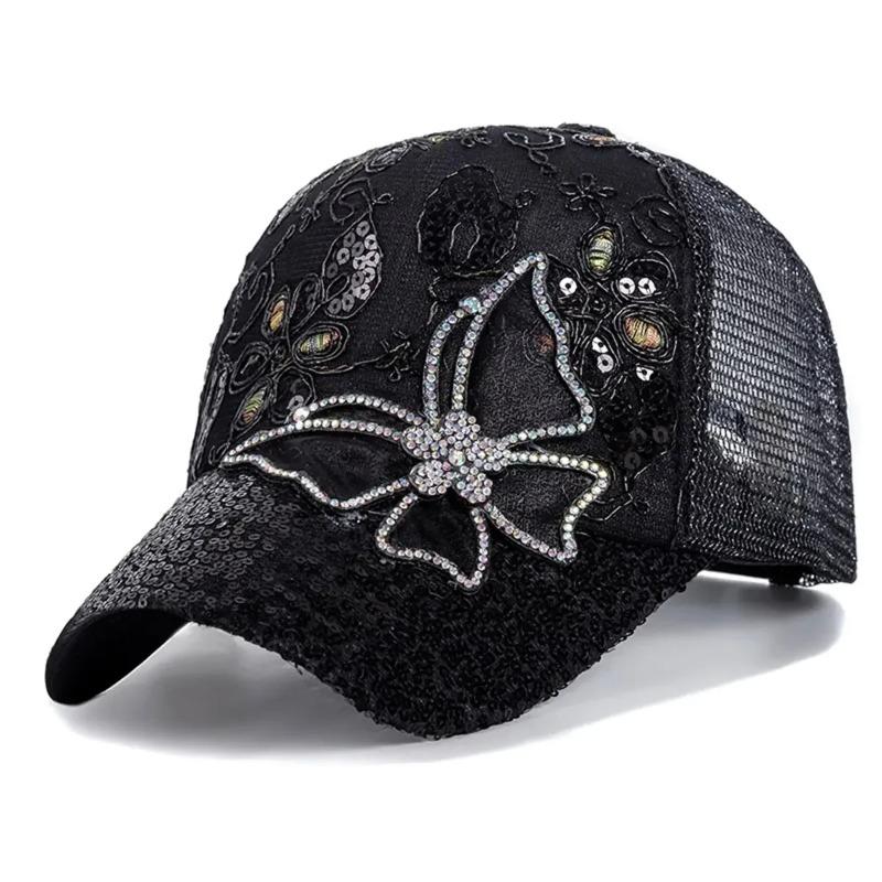 Butterfly Lace Glitter Baseball Cap Women's Summer Sun Protection Fashionable Ducktongue Hat Adjustable Casual Hats