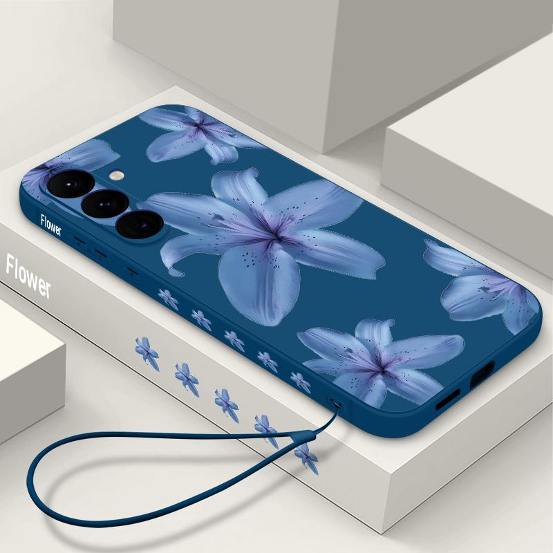 Blue Lily Printed Phone Case For Samsung Galaxy A17 A56 A16 A55 A15 A25 A36 A26 5G S25 Edge S23 S24 Ultra S24 S25 FE TPU Lanyard Cover