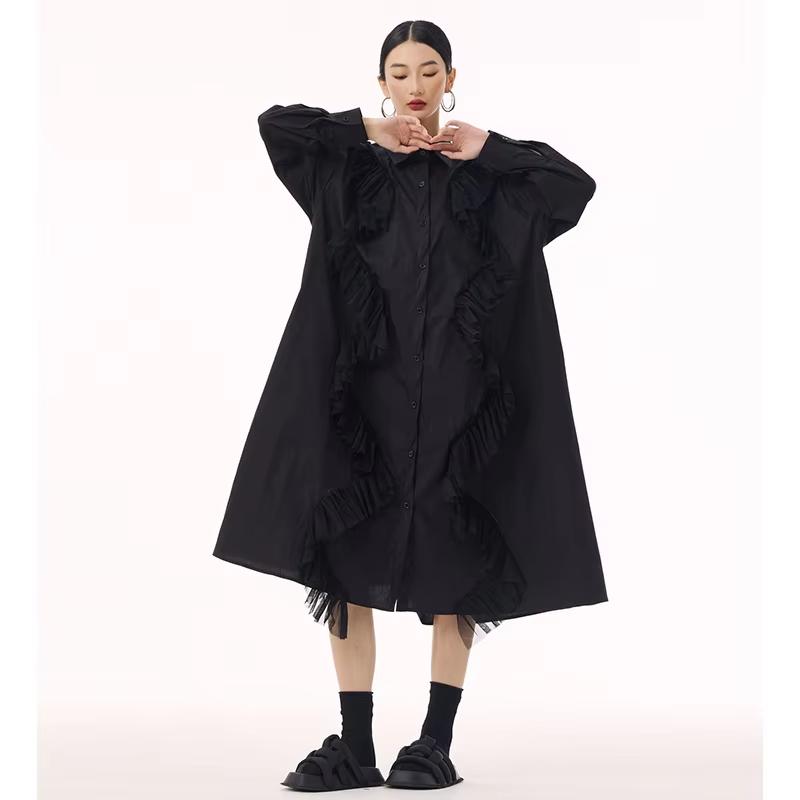 

Xitao Однобортное платье с рубашечным воротником в сеточку в стиле пэчворк GMM1184 One Size чёрный