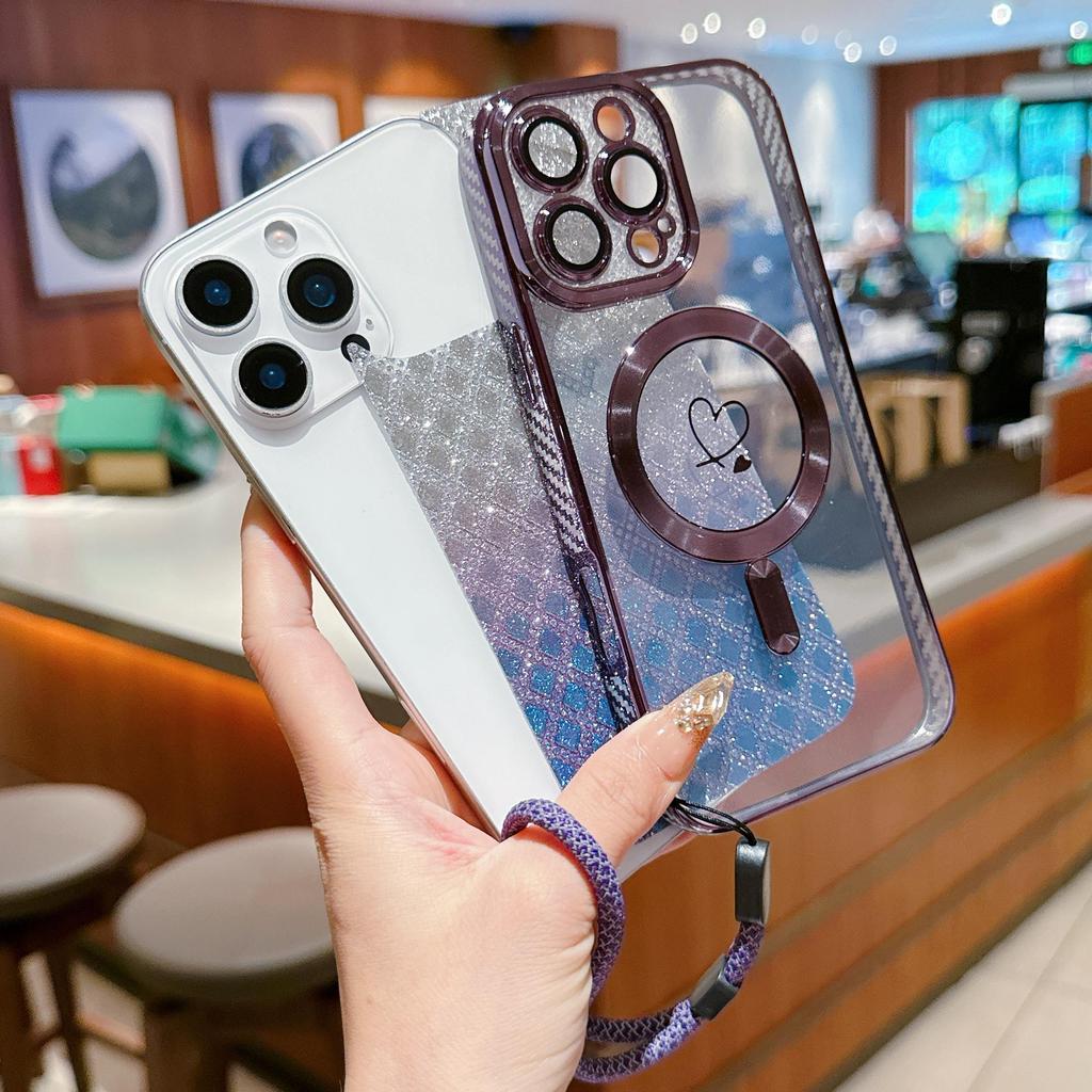 Lanyard Magnetic Gradient Color Glitter Bling Camera Lens Protect Bumper Phone Case For iPhone 17 Air 16 15 Pro Max Samsung S25 S24 Protective Cover