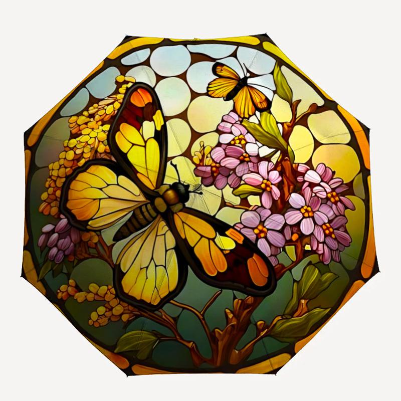

1PC Butterfly Stained Glass Automatic Open/close, All-Season Portable Folding Umbrella for Women & Men yy250919217