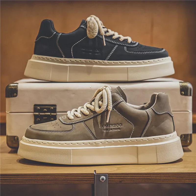 "2024 Retro Leather Low-Top Outdoor Workwear Sneakers - Breathable, Thick-Soled, Trendy Korean Men's Shoes for Spring and Summer"