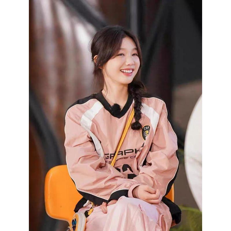 

В наличии С тем же стилем, что и у Сюй Мэнцзе, Нишевый стиль Южной Кореи, Ассорти цветов, Ретро американский принт, Свободная джерси, Куртка-шелл, Мужская и женская Pink S