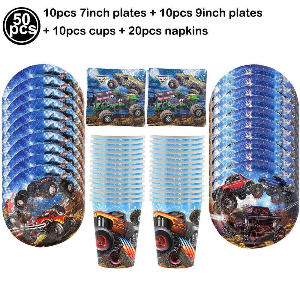 Monster Truck Party Decoration Disposable Tableware Plate Cup Napkins Truck Off road Vehicle Balloon Boy Birthday Party Supplies