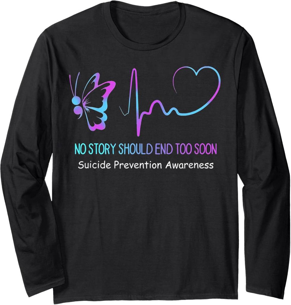 Suicide Prevention Awareness Semicolon Butterfly Hear Long Sleeve T-Shirt