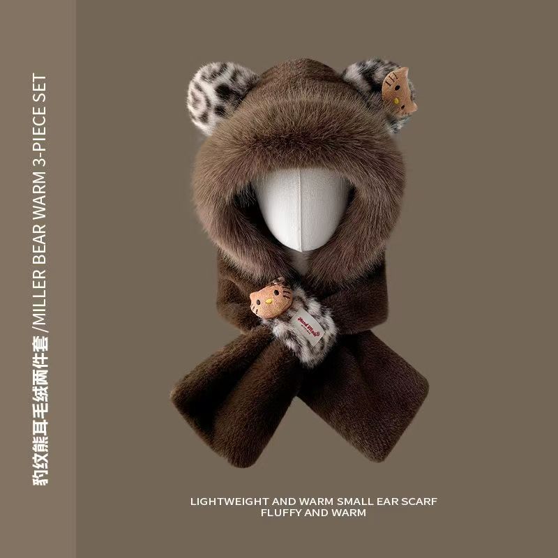 Cute cartoon bear plush hat scarf integrated women's autumn and winter thickened cold-proof ear protection scarf hooded