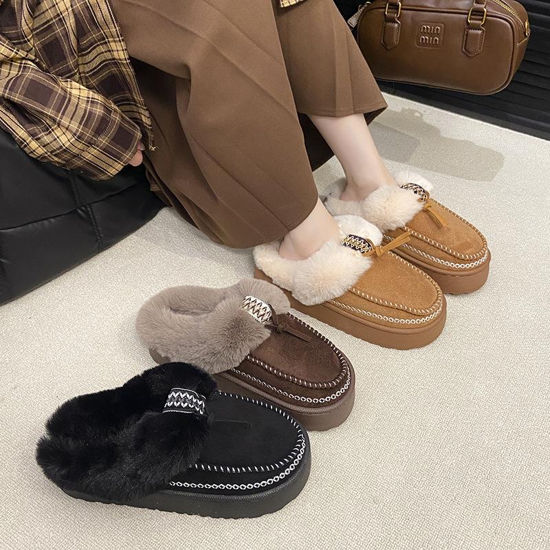 Women's Fur Mouth Large Size Thickened Winter Warm Fur One Snow Boots Thickened Lined Ankle Boots Non-slip Hiking Sports Cotton Slippers
