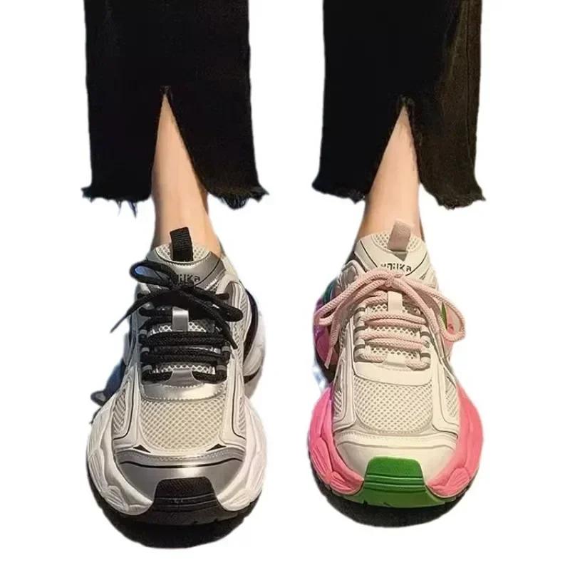 Lässige atmungsaktive Mesh-Sneaker 2024 Damenmode Schuhe Lässige klobige Schuhe Plateau Bonbonfarben Schnür-Sneaker Frühling Herbst