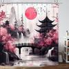 Japanese Anime Shower Curtain,Cool Watercolor Japan Cherry Blossom Floral Mountain Asian Oriental Abstract Art Shower Curtain