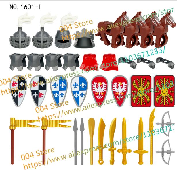 N501U-504U Medieval Castle Knight Building Blocks Figures Four Side UV Printing King Warhorse Weapons Accessories Toys Kid Gifts