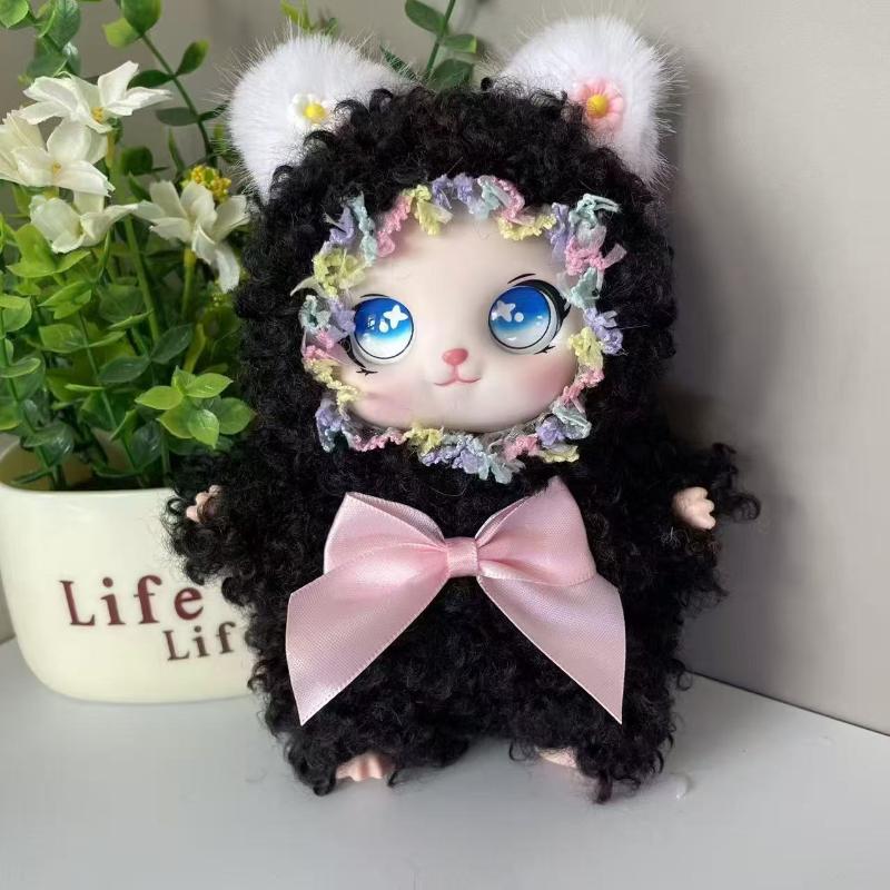1Pcs Cute Curly Hair Plush Cat Doll Keychain Kawaii Flower Wreath Stuffed Toy With Bow For Bag Charm Kids Gift