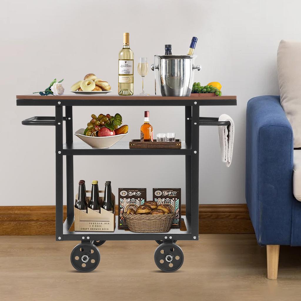 Industrial Pipe Bar Cart, Kitchen Serving Cart, 3-Tier Rolling Utility Cart with Fixed Wheels, 92x40x77.5cm Mobile Bar Cabinet