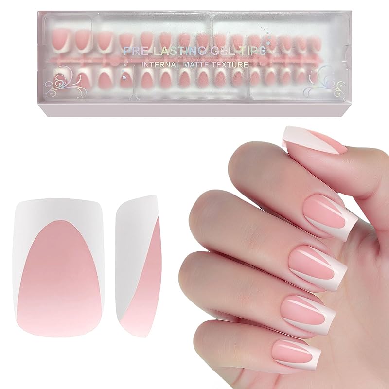 Milky Whit French Tip Press on Nails, 240Pcs French Press On Nail Short Square,Pre-Applied Primer & Top Coat,4 in 1 Gel Nail Tips Soak off Acrylic