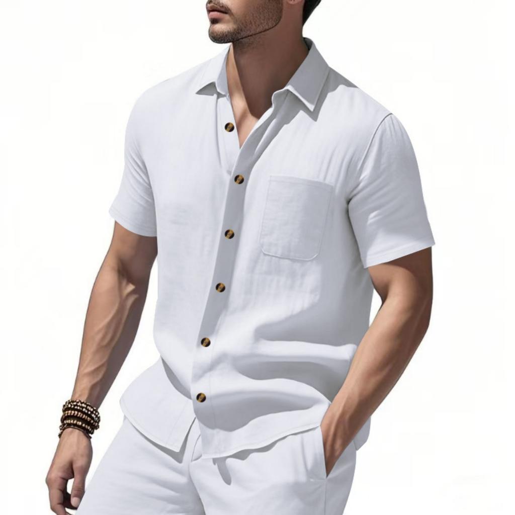 Men's Casual Business Short-Sleeve Shirt - Plus Size Collared Solid Color Pocket Button-Down Shirt