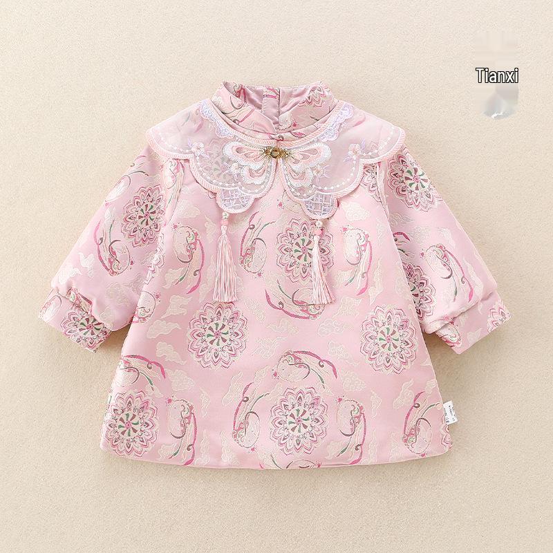 Infant Pink Jacquard Cheongsam Dress: Autumn Style Tang Suit Hanfu for Baby Girl s First Birthday 100 cm
