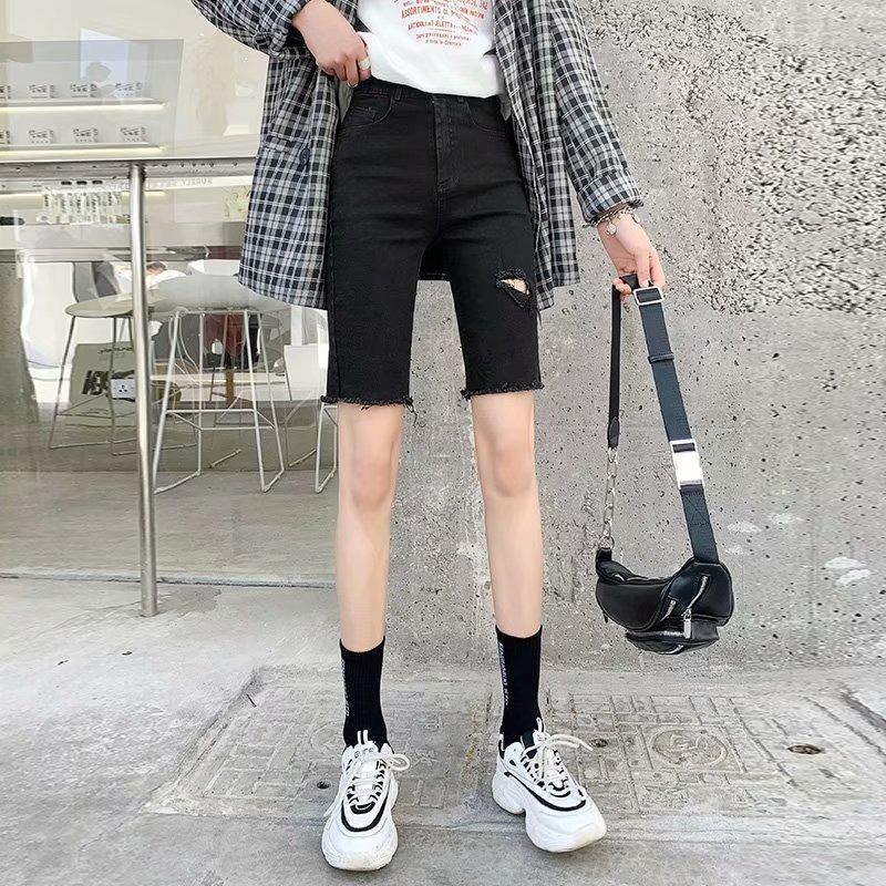 Black straight-leg shorts women's summer high-waisted Hong Kong-style denim pants wear tight ripped cycling pants five-point pants