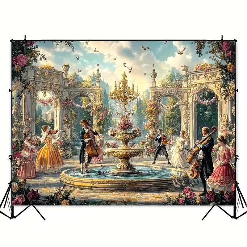 Elegant Rococo Garden Tapestry, 18th-Century Musicians Performing in a Flower-Filled Palace Courtyard, Ornate Vintage Wall Art