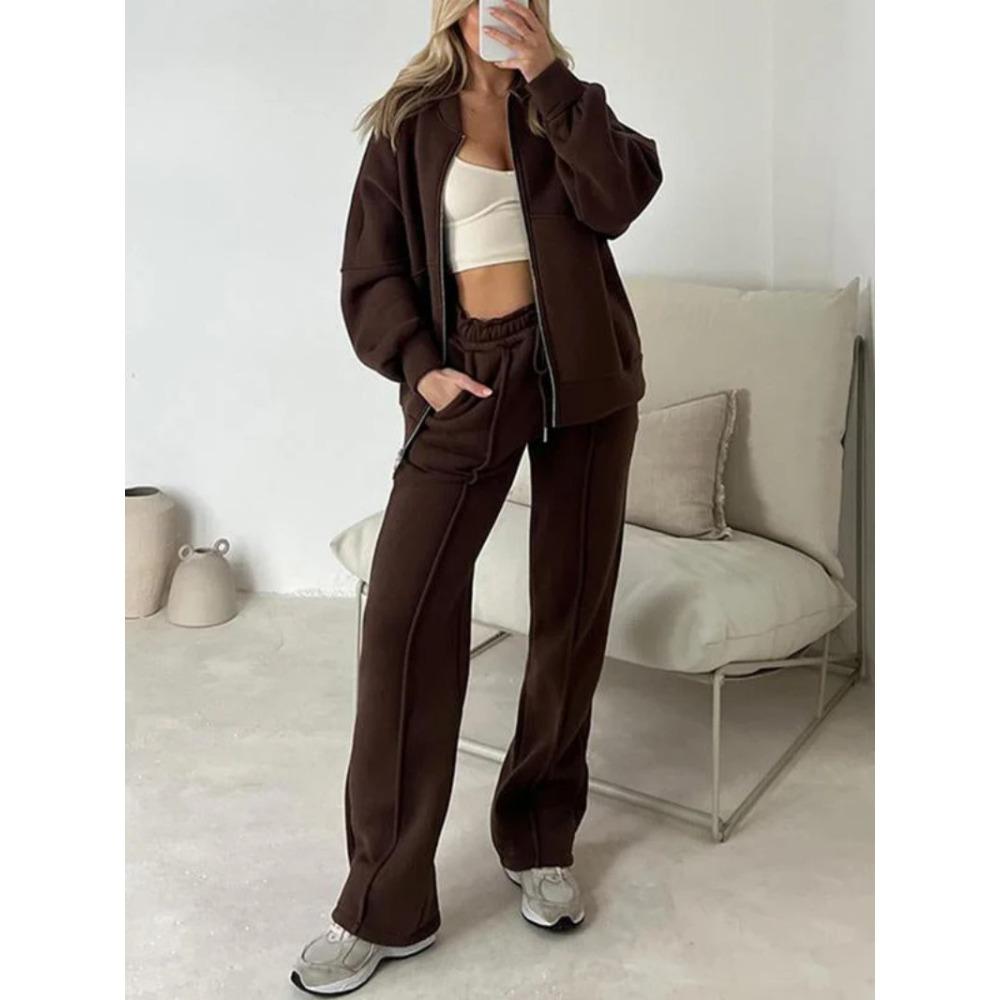 New Women's Fashion Casual Set: Solid Color Long-sleeved Sweatshirt, Zipper Trousers, Two-piece Set