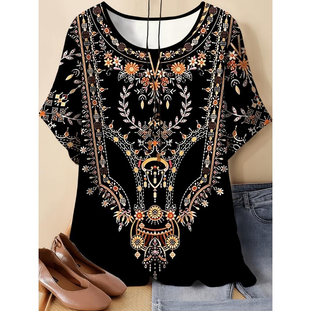 Vintage Paisley Graphics Women's Short Sleeve T-Shirt Ethnic Style O-Neck 3D Printed Top Tees Summer Loose Women's Clothing
