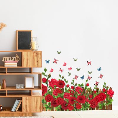 Romantic Red Roses and Butterflies Wall Stickers with Green Plants for Bedroom Entrance Hallway Home Decor
