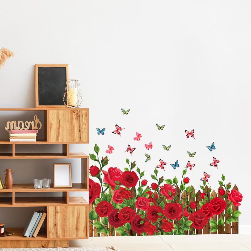 Romantic Red Roses and Butterflies Wall Stickers with Green Plants for Bedroom Entrance Hallway Home Decor