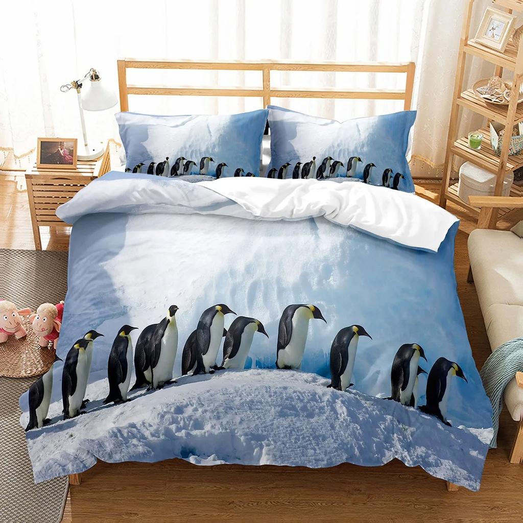 Cute Penguin Pattern Duvet Cover Set Cute Kawaii Animals For Boys Girls Bedroom Decor Polyester Comforter Cover King Queen Size