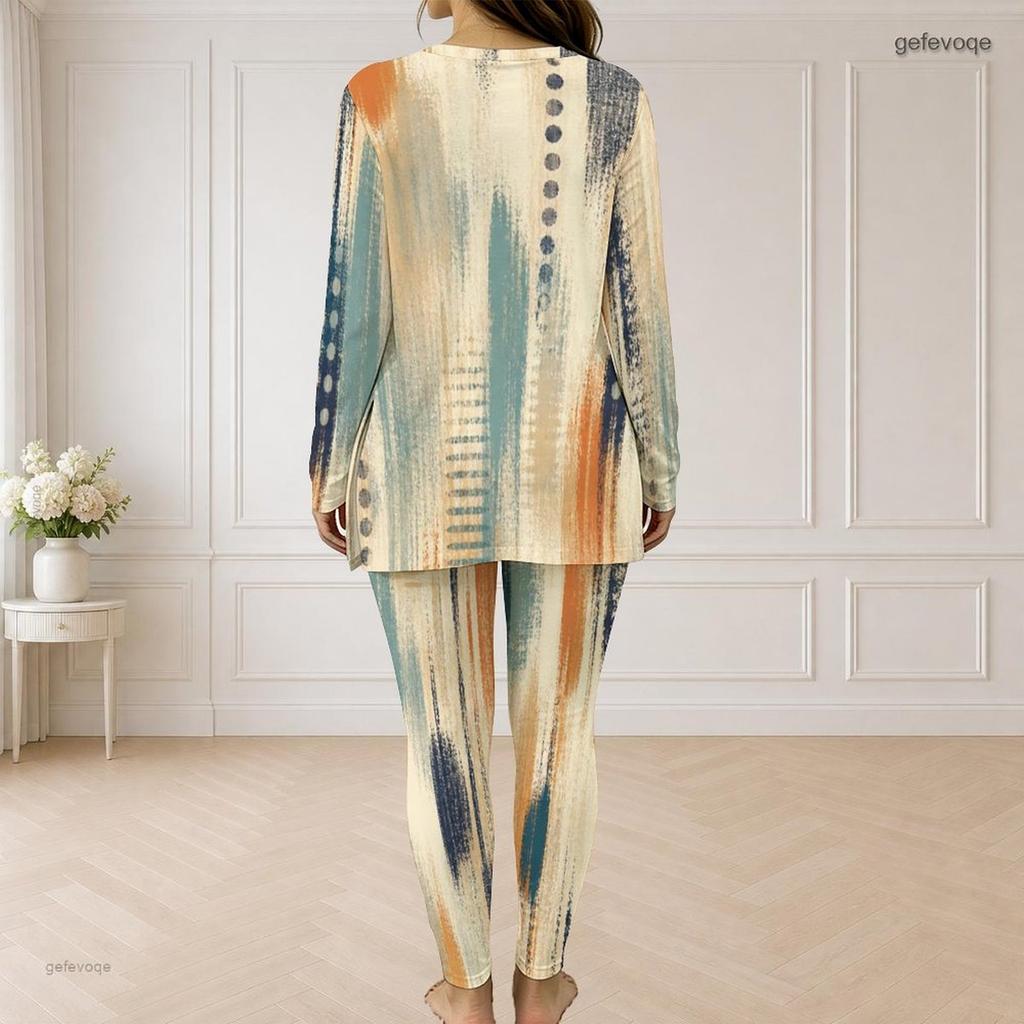Women Plus Size Half Zip V Neck Long Sleeve Blue Green Printed Two Piece Set Long Top And Fitted Pants
