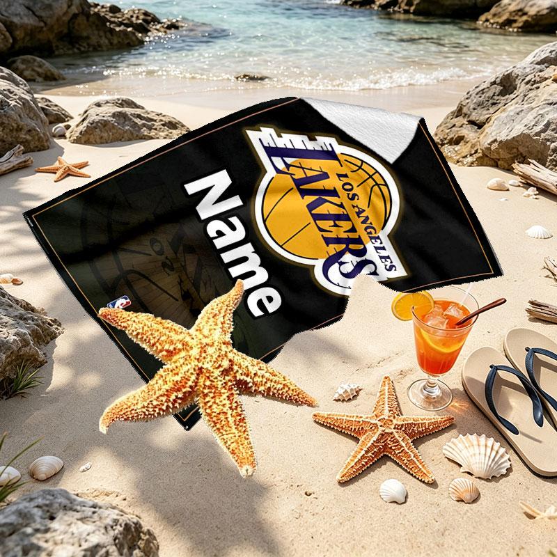 Custom Name Personalized Los Angeles Lakers Basketball Print Beach Towel, for Trip Camping Beach Party Home Decor, Birthday Gift for Family & Friends
