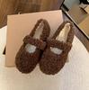 White French Mary Jane Flat-bottomed Fluffy Shoes for Women's 2024 New Autumn and Winter Warm-soled Beanie Cotton Shoes