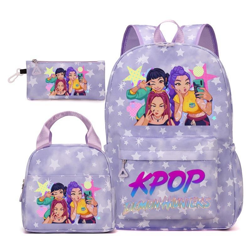 Korean Drama Demon Hunter Backpack Lunch Bag Pencil Case Set Student Three-piece School Bag Pencil Case Lunch Bag