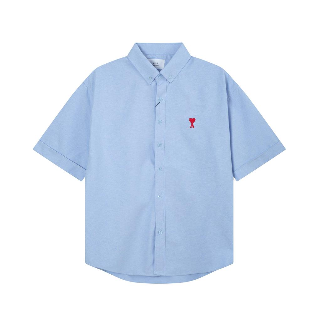AMI Men's Classic Spring and Autumn Red Heart Embroidered Casual Cotton Solid Color Short Sleeve Shirt On the Chest