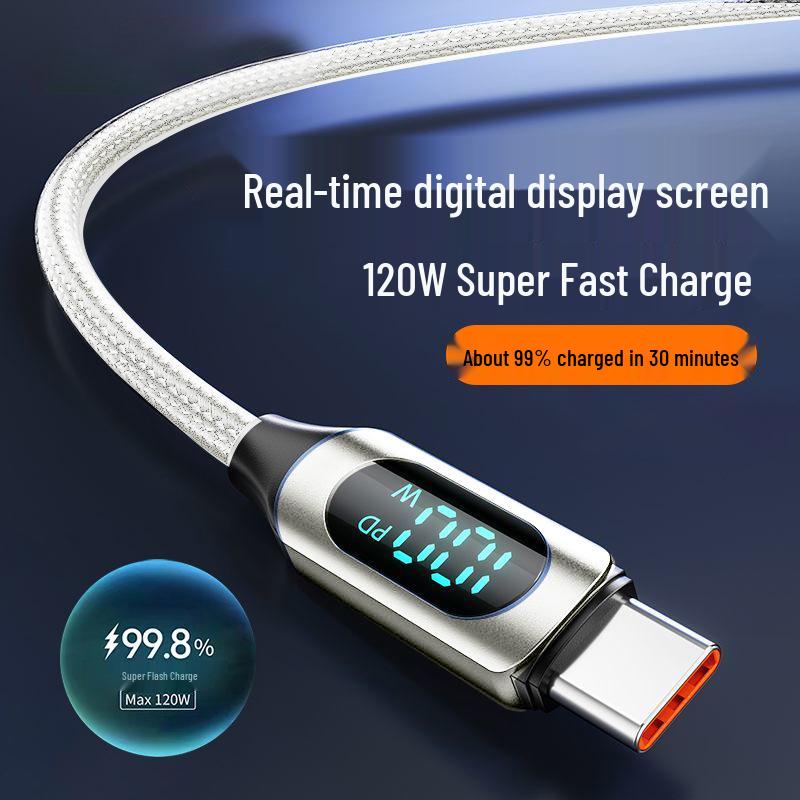 120W Super Fast Type-C Charging Cable with Digital Display for Apple 15/16 & Huawei Honor 6A