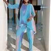 Womens Plus Size Crew Neck Three Quarter Sleeve Irregular Hem Top And Matching Printed Wide Leg Pants Two Piece Set