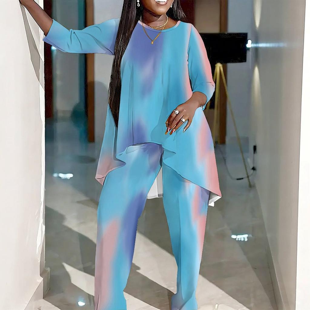 Womens Plus Size Crew Neck Three Quarter Sleeve Irregular Hem Top And Matching Printed Wide Leg Pants Two Piece Set