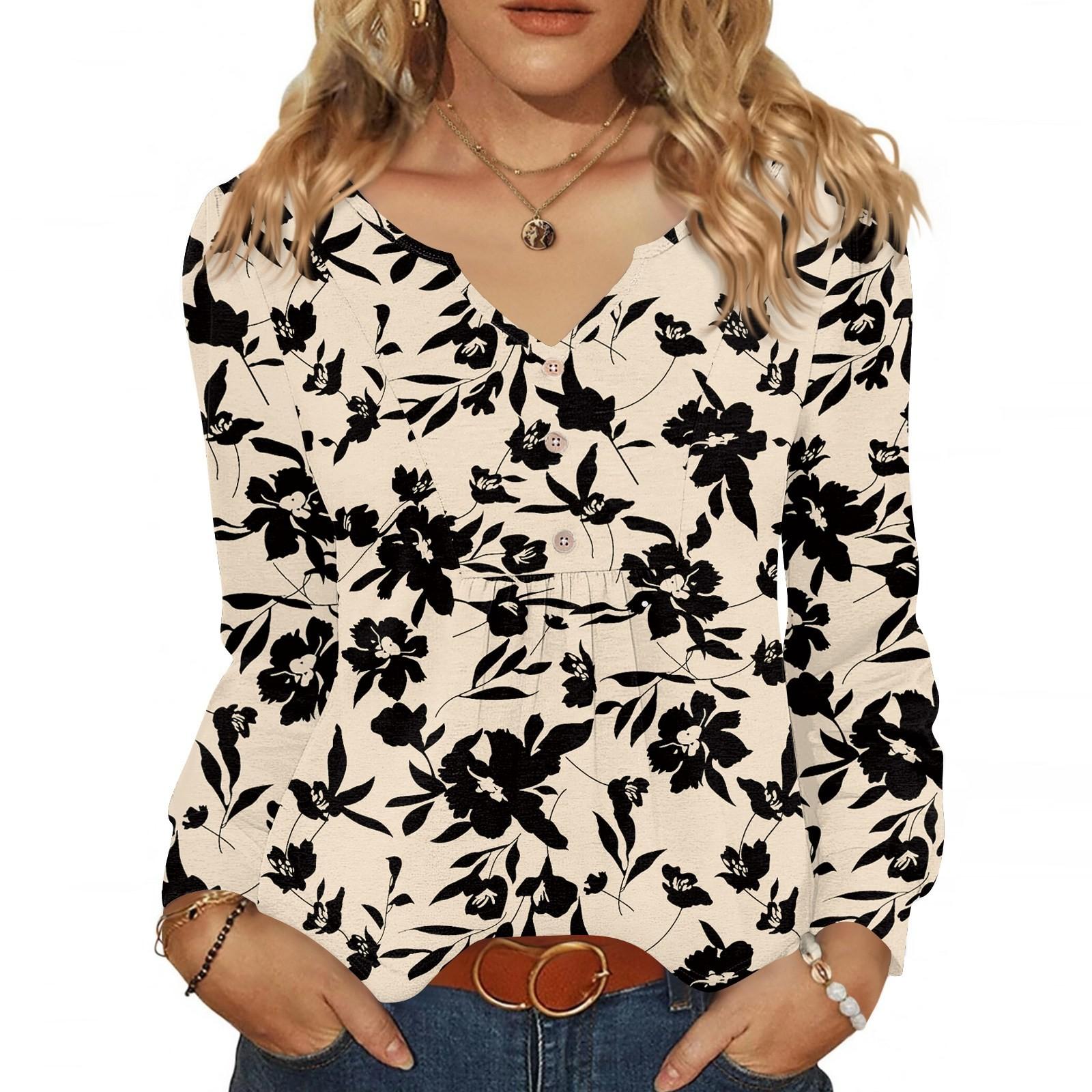 

Women s Fashionable Casual V-neck Blouse Button Long-sleeved Pullover T-shirt Top L бежевий