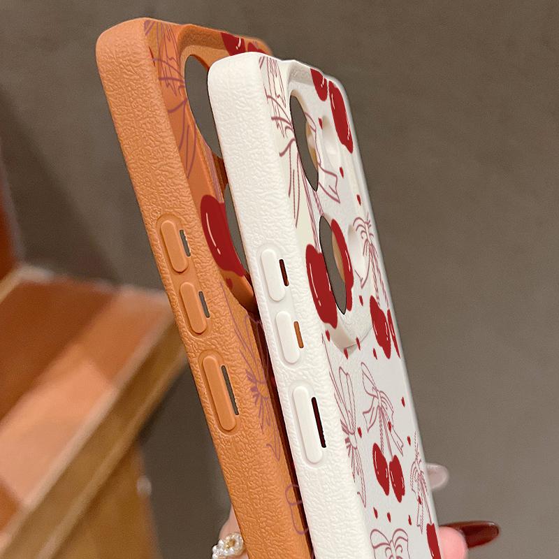 Cherry Bowknot Print Slim Soft Phone Case For Xiaomi 13T Pro Poco X7 X6 M6 Redmi 13C Note 14 13 Pro 12 11 Matte TPU Leather Texture Shockproof Cover