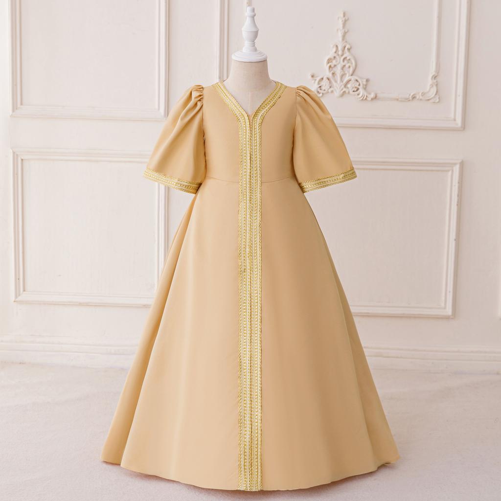 Abaya Arabic Robe Girls Dress Golden Lace Simple Fashion Children's Dress