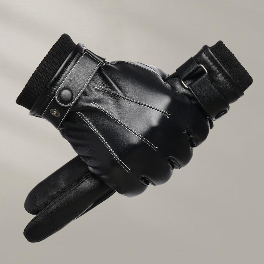 Winter PU Leather Plus Velvet Warm Gloves Men's Windproof Cycling Gloves Touch Screen Waterproof Gloves Cold-proof Warm Gloves