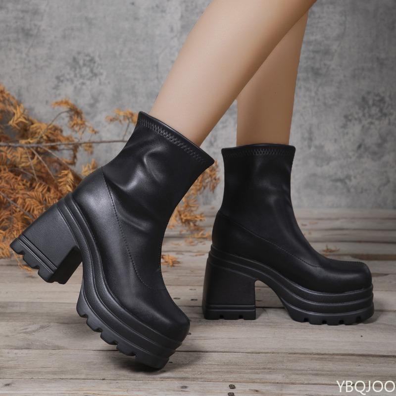 New Square Toe Waterproof Platform High-heeled Fashionable Thick Soled Women's Boots Simple Comfortable Versatile Women's Shoes