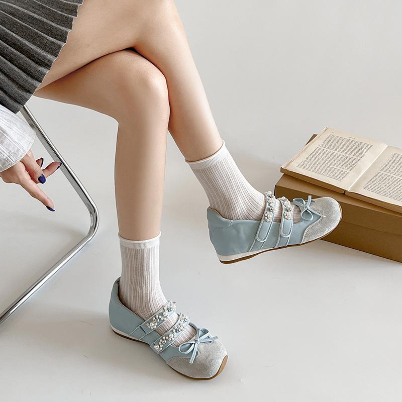 Niche design sense ballet style pearl Mary Jane shoes women's summer fashion bow rhinestone square head casual shoes