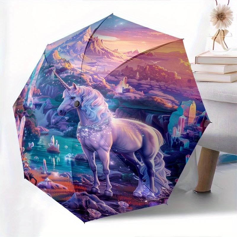 Unicorn Fantasy Theme 8 Bone Hand Automatic Folding Fashion umbrella, Compact and Portable Design, A Perfect Gift for Birthday, Christmas or