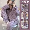 Conjunto de Pijama Feminino de Manga Comprida de Alta Qualidade Coração Roxo - Roupa de Casa para Primavera/Outono
