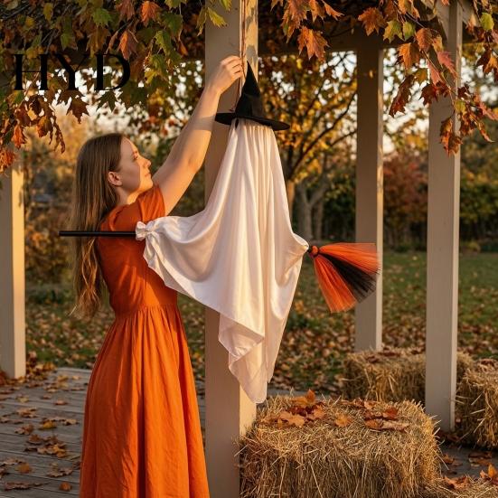 Flying Ghost with Broom Hanging Halloween Decoration, Witch Ornament for Cute Wizard Haunted House Porch Tree Spooky Outdoor Indoor Party Prop