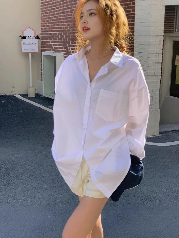 Women's Mid-Length Designer White Shirt Jacket, Thin Long-Sleeve, Loose Korean Style for Spring and Autumn