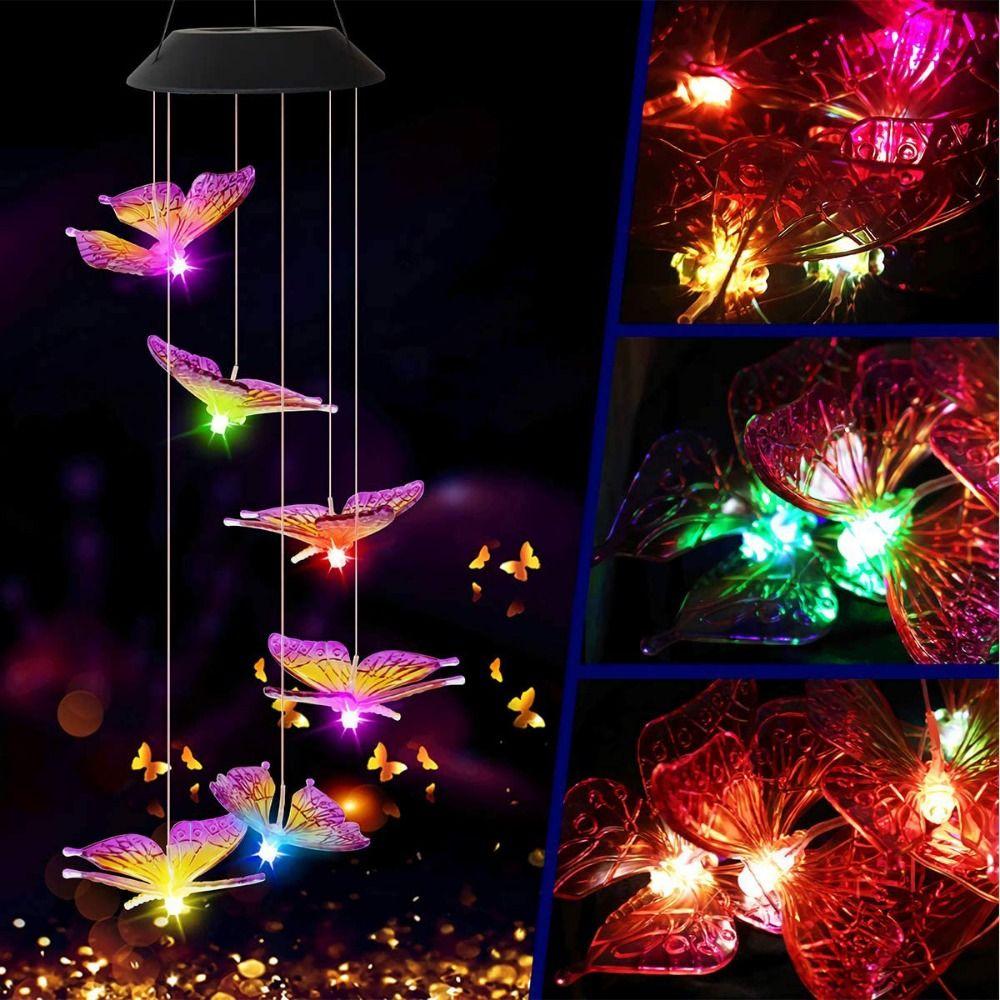 Cute Solar Wind Chime Colorful Gradient Hanging Wind Chime Hanging Lamp Auto on/Off Waterproof Solar Butterfly Light Outdoor