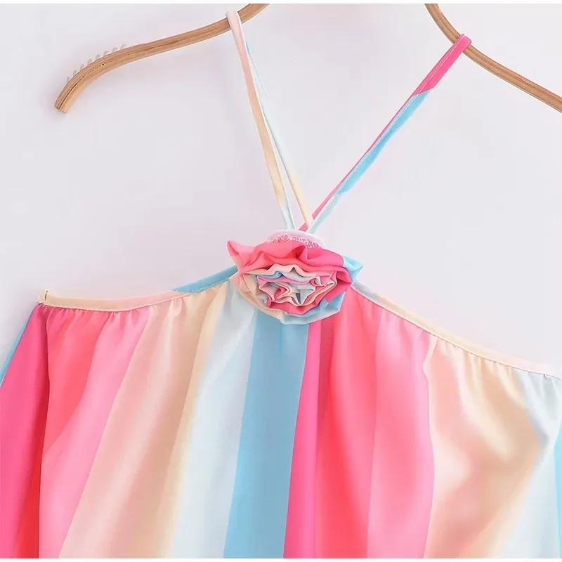 Цветное полосатое платье-халтер для женщин с 3D-цветком — фото 9