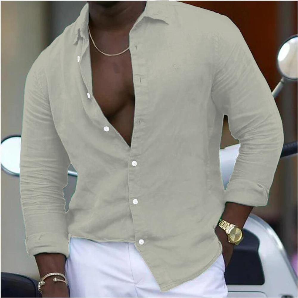 New Cotton-linen Blend Men's Long-sleeved Shirt Solid-colour Casual Collared Shirt
