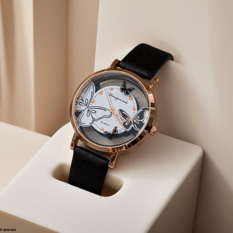 

Женские кварцевые часы класса люкс с кожаным ремешком и дизайном в виде ажурной бабочки кирпич красный