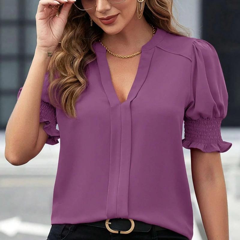 

Женские Элегантные Топы Модные Белые Блузки Рубашки Дамские Повседневные Короткий Рукав-Фонарик V-Образный Вырез Однотонные Блузки Топы Блузы XS фиолетовый