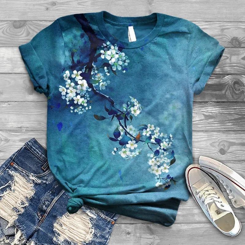 Plus Size Xl-7xl Summer Trend Pear Blossom Print Round Neck Short Sleeved Printed T-shirt
